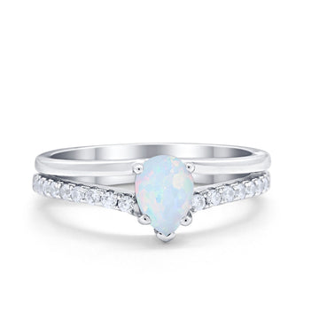 Teardrop Wedding Ring Lab Created White Opal Accent 925 Sterling Silver